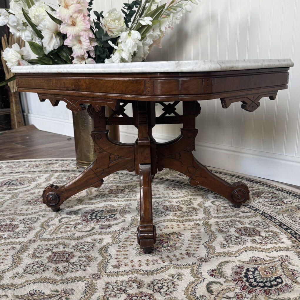 Antique Victorian Marble Top Walnut Side Table