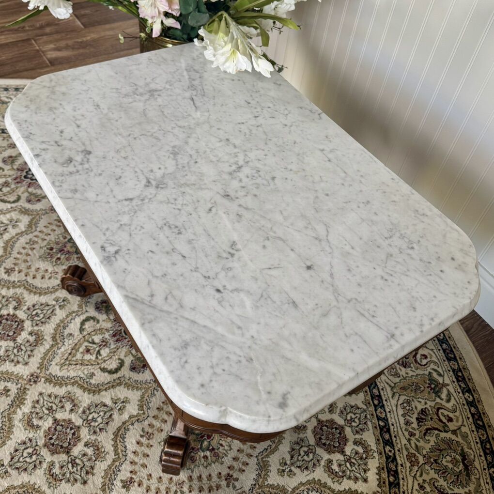 Antique Victorian Marble Top Walnut Side Table