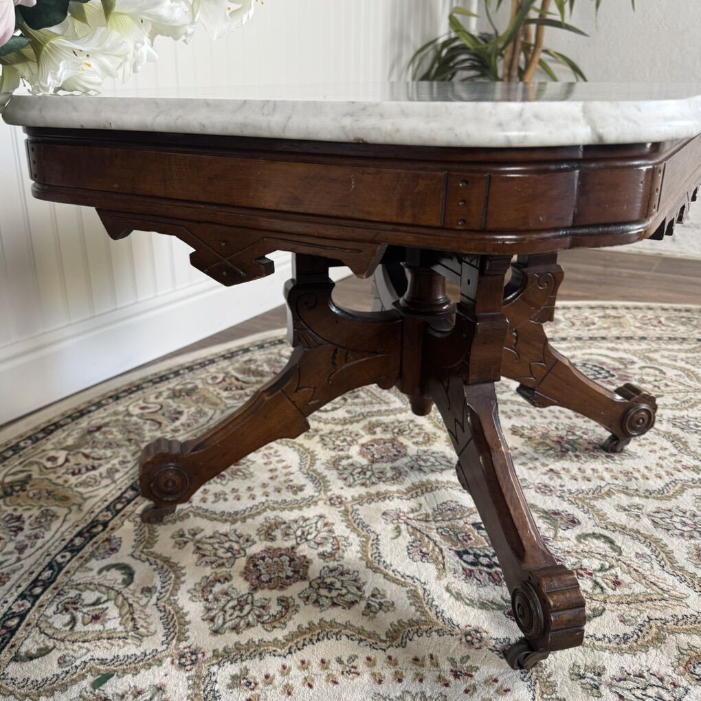 Antique Victorian Marble Top Walnut Side Table
