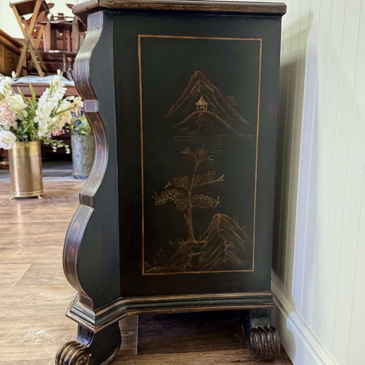 Vintage-Style Chinoiserie Black Bombe Chest | Hand-Painted Accent Dresser