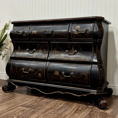 Vintage-Style Chinoiserie Black Bombe Chest | Hand-Painted Accent Dresser