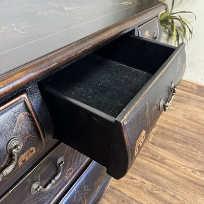 Vintage-Style Chinoiserie Black Bombe Chest | Hand-Painted Accent Dresser