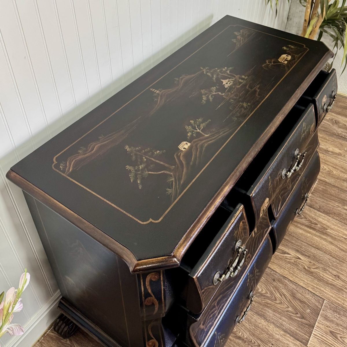 Vintage-Style Chinoiserie Black Bombe Chest | Hand-Painted Accent Dresser