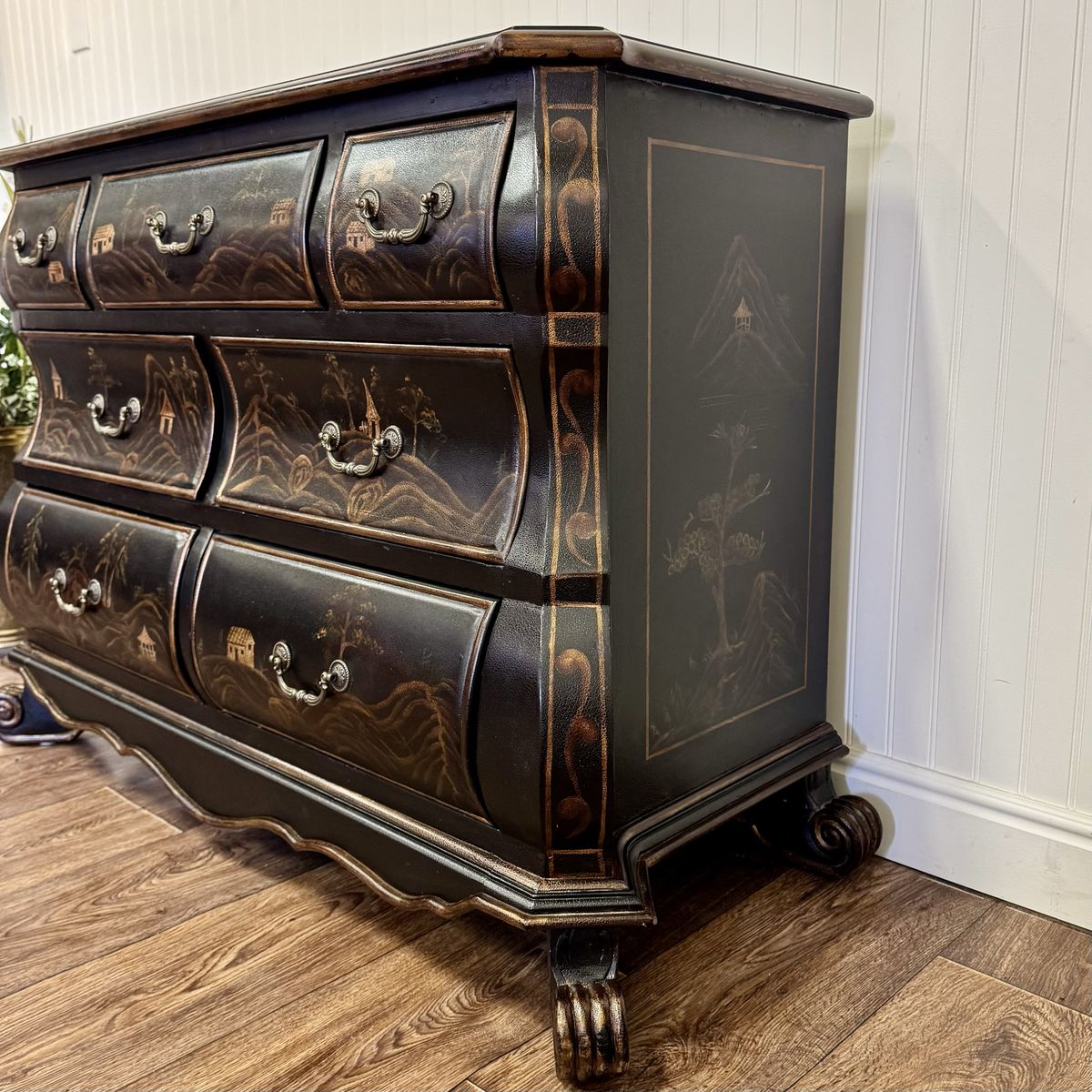Vintage-Style Chinoiserie Black Bombe Chest | Hand-Painted Accent Dresser