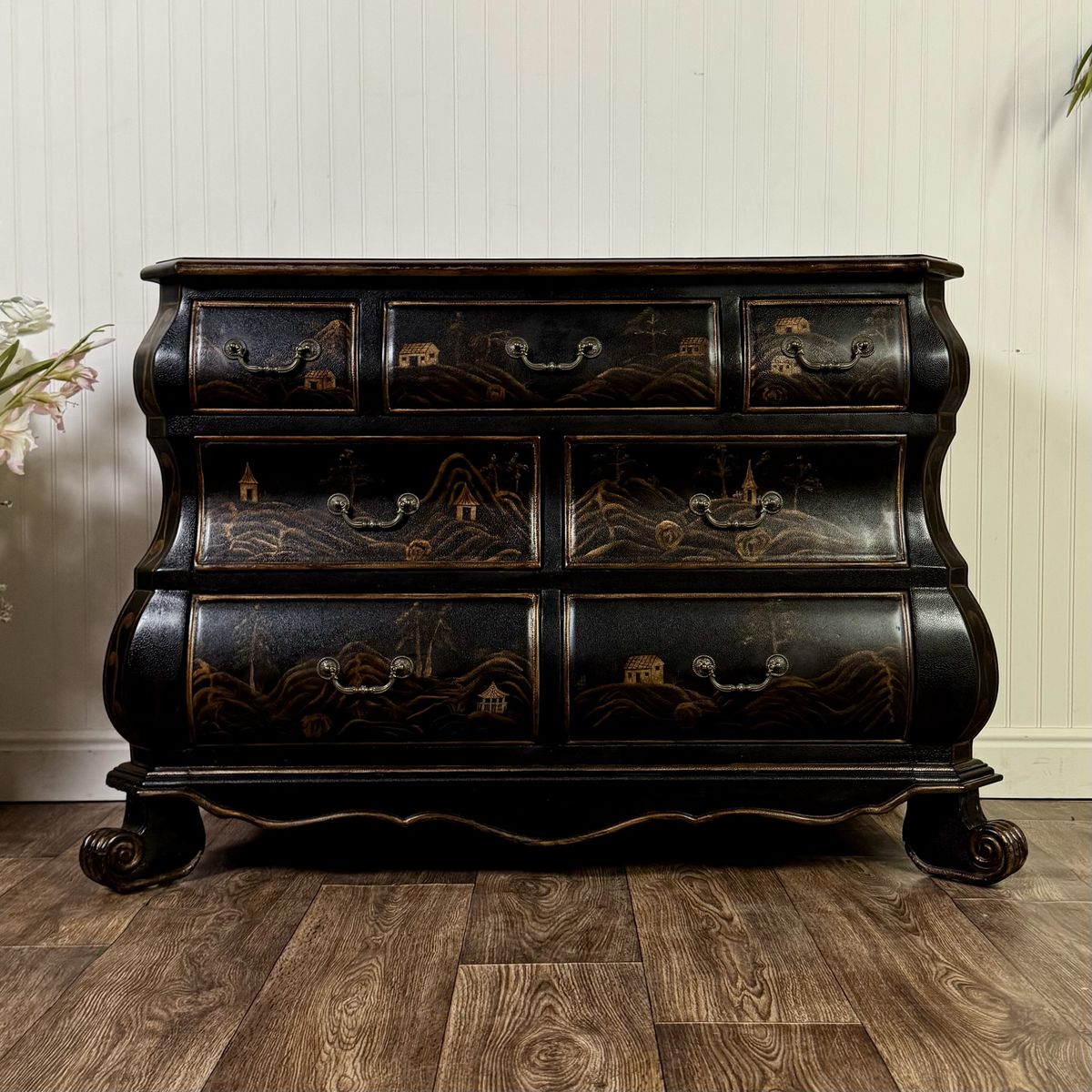 Vintage-Style Chinoiserie Black Bombe Chest | Hand-Painted Accent Dresser