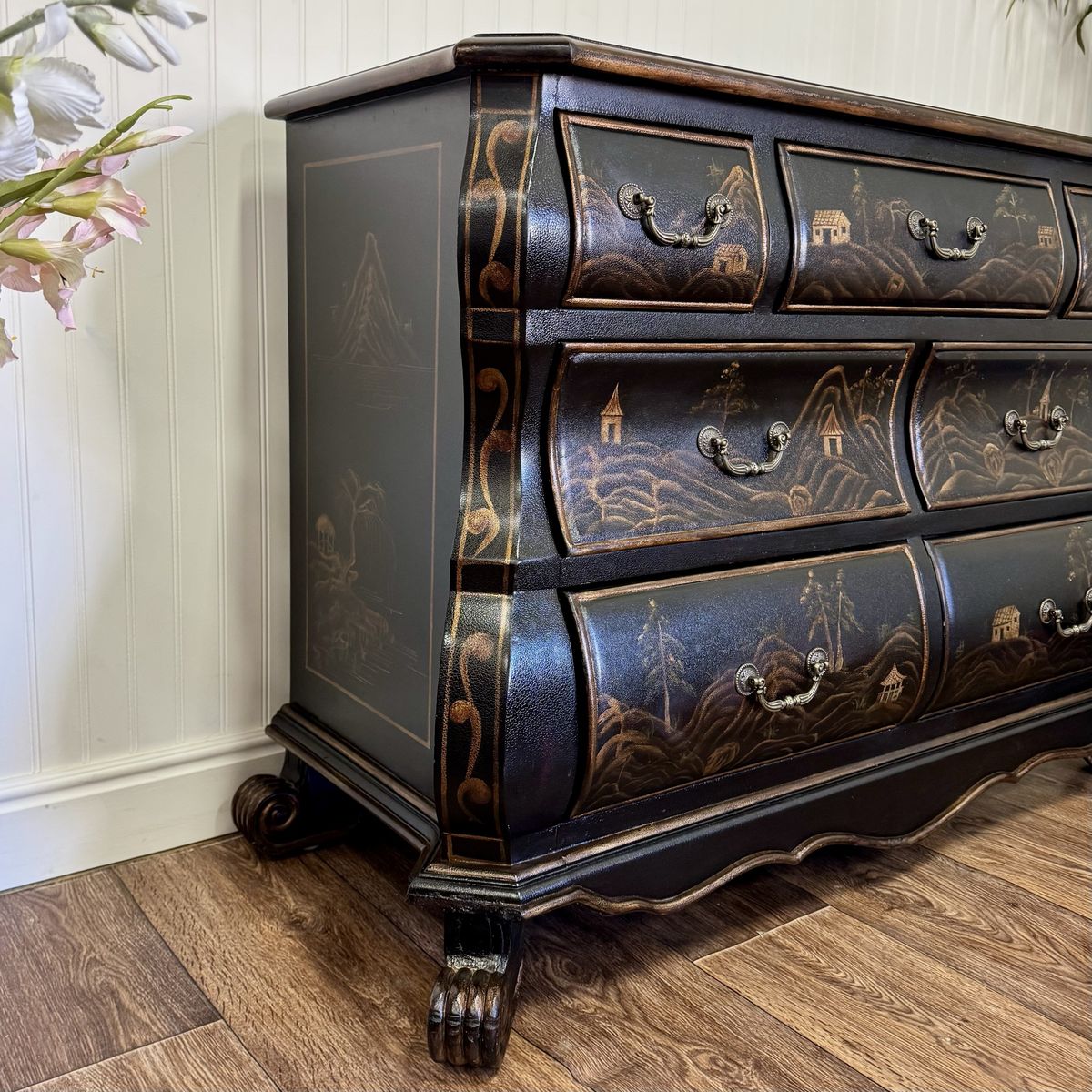 Vintage-Style Chinoiserie Black Bombe Chest | Hand-Painted Accent Dresser