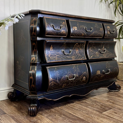 Vintage-Style Chinoiserie Black Bombe Chest | Hand-Painted Accent Dresser