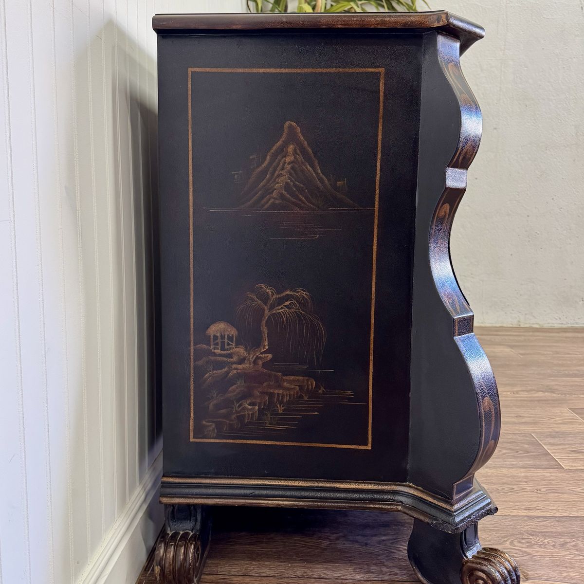 Vintage-Style Chinoiserie Black Bombe Chest | Hand-Painted Accent Dresser