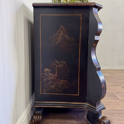 Vintage-Style Chinoiserie Black Bombe Chest | Hand-Painted Accent Dresser