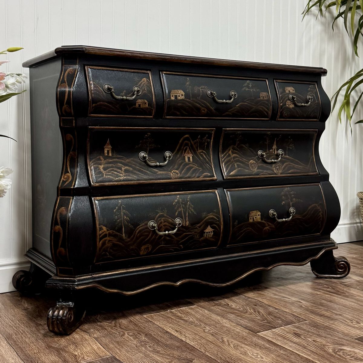 Vintage-Style Chinoiserie Black Bombe Chest | Hand-Painted Accent Dresser