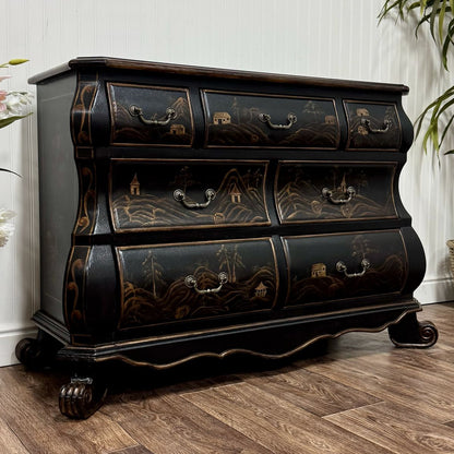 Vintage-Style Chinoiserie Black Bombe Chest | Hand-Painted Accent Dresser