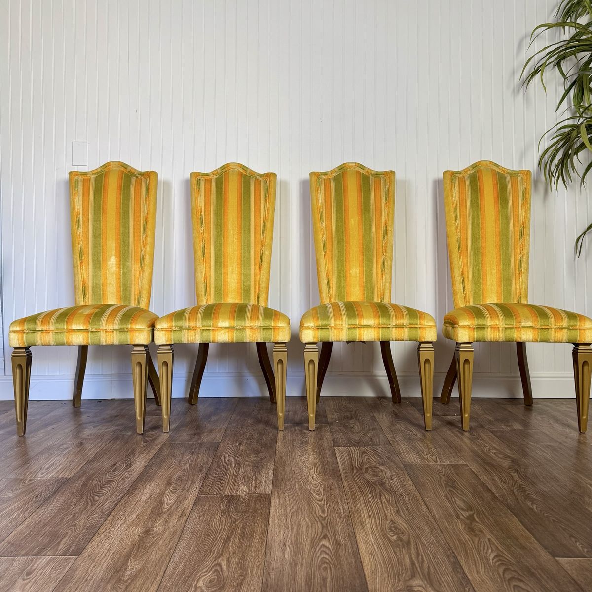 Designer 1970s Velvet Striped High Back Chairs