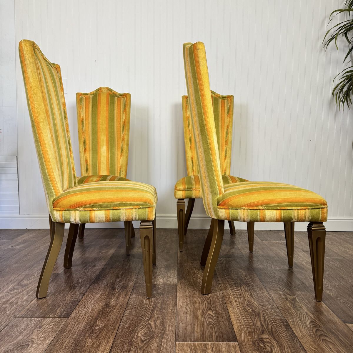 Designer 1970s Velvet Striped High Back Chairs