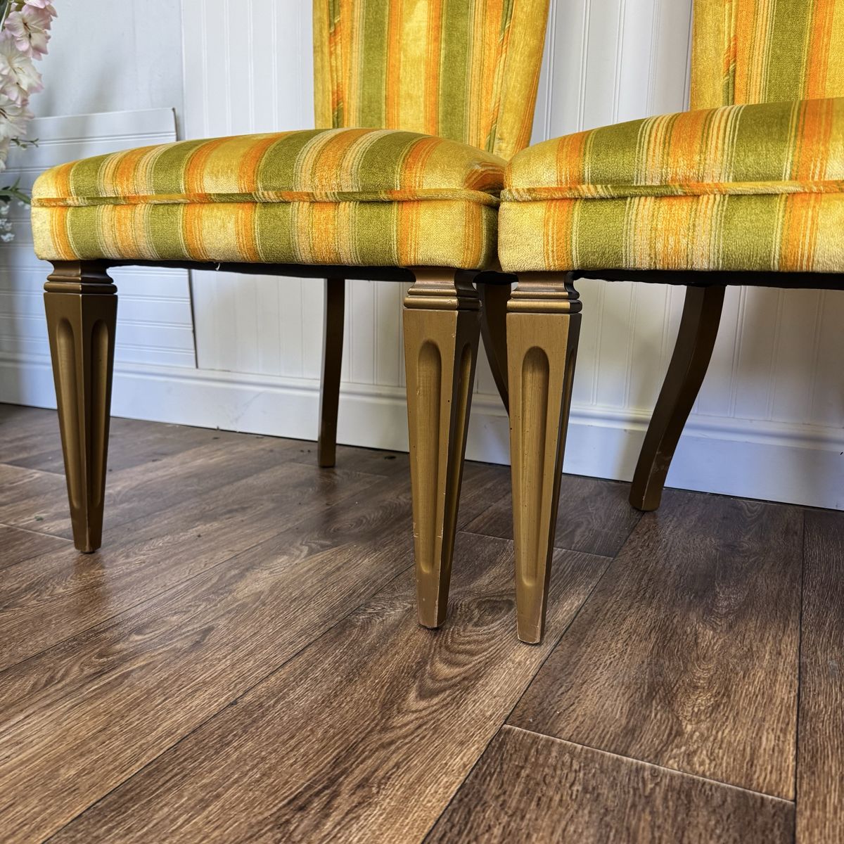 Designer 1970s Velvet Striped High Back Chairs