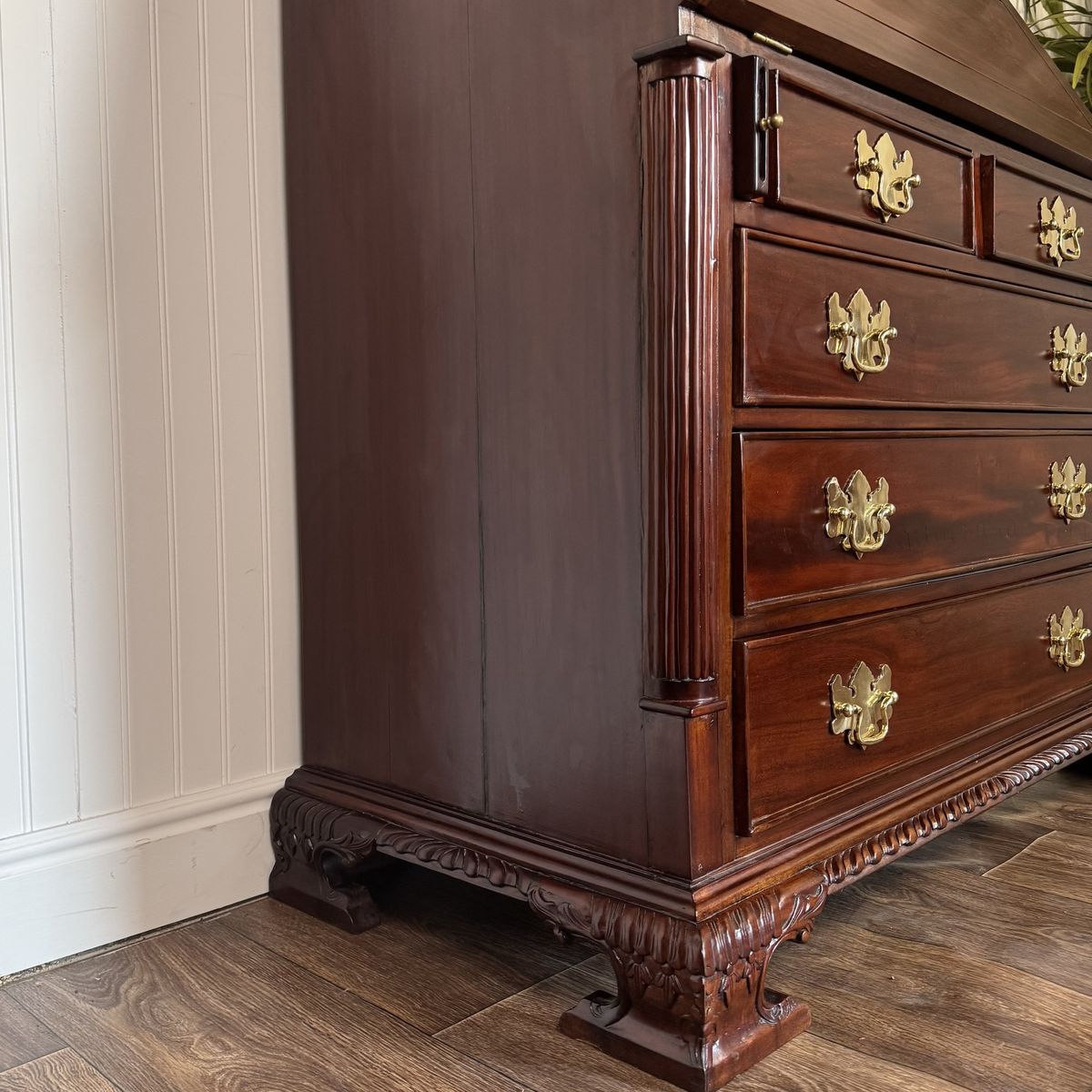 Handcrafted Mahogany Secretary Bookcase with Gothic Glass Doors