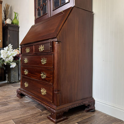 Handcrafted Mahogany Secretary Bookcase with Gothic Glass Doors