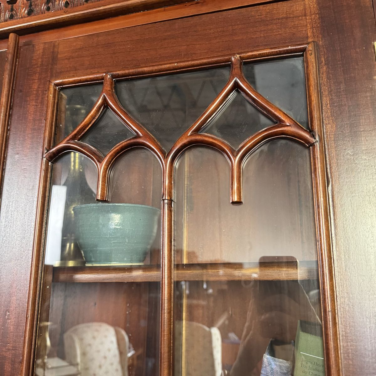 Handcrafted Mahogany Secretary Bookcase with Gothic Glass Doors