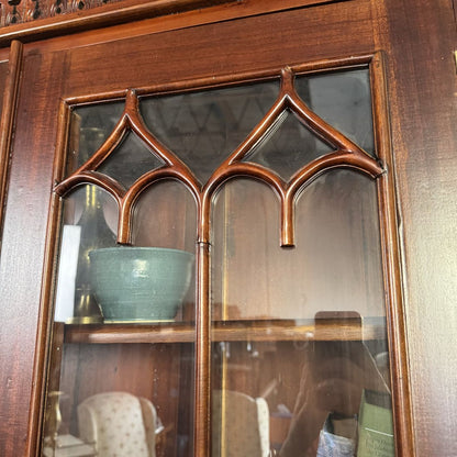 Handcrafted Mahogany Secretary Bookcase with Gothic Glass Doors