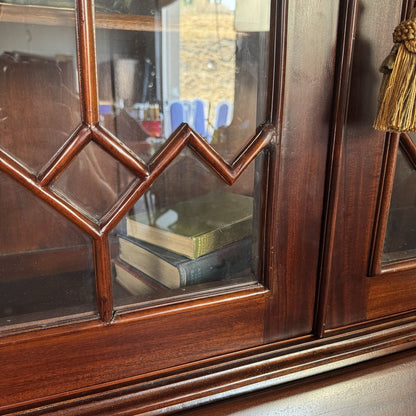 Handcrafted Mahogany Secretary Bookcase with Gothic Glass Doors