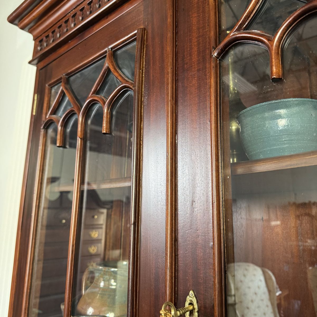 Handcrafted Mahogany Secretary Bookcase with Gothic Glass Doors