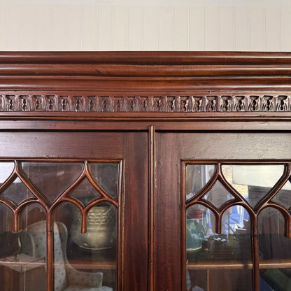 Handcrafted Mahogany Secretary Bookcase with Gothic Glass Doors