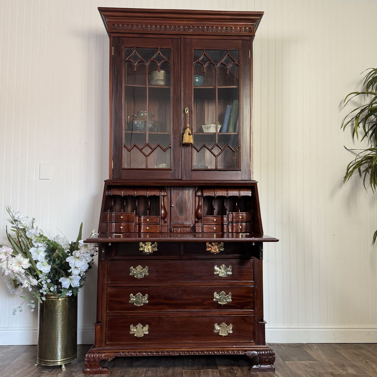 Handcrafted Mahogany Secretary Bookcase with Gothic Glass Doors