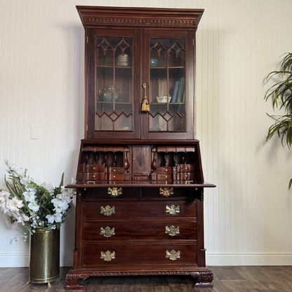 Handcrafted Mahogany Secretary Bookcase with Gothic Glass Doors