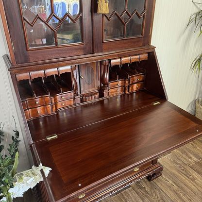 Handcrafted Mahogany Secretary Bookcase with Gothic Glass Doors