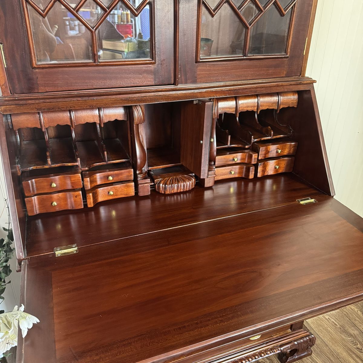 Handcrafted Mahogany Secretary Bookcase with Gothic Glass Doors