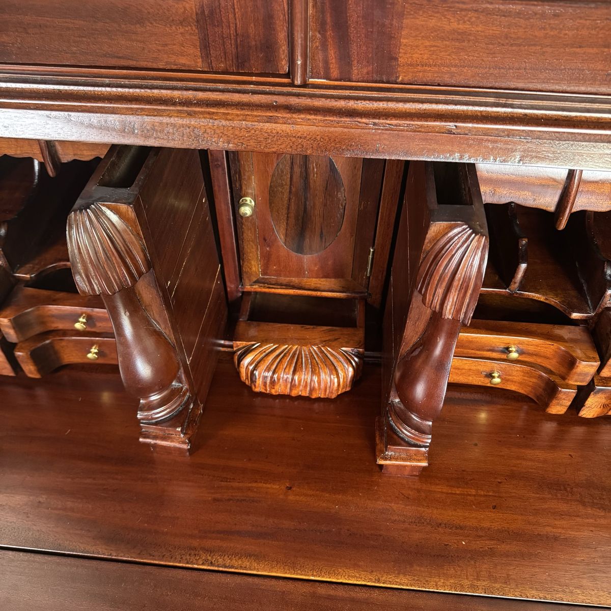 Handcrafted Mahogany Secretary Bookcase with Gothic Glass Doors