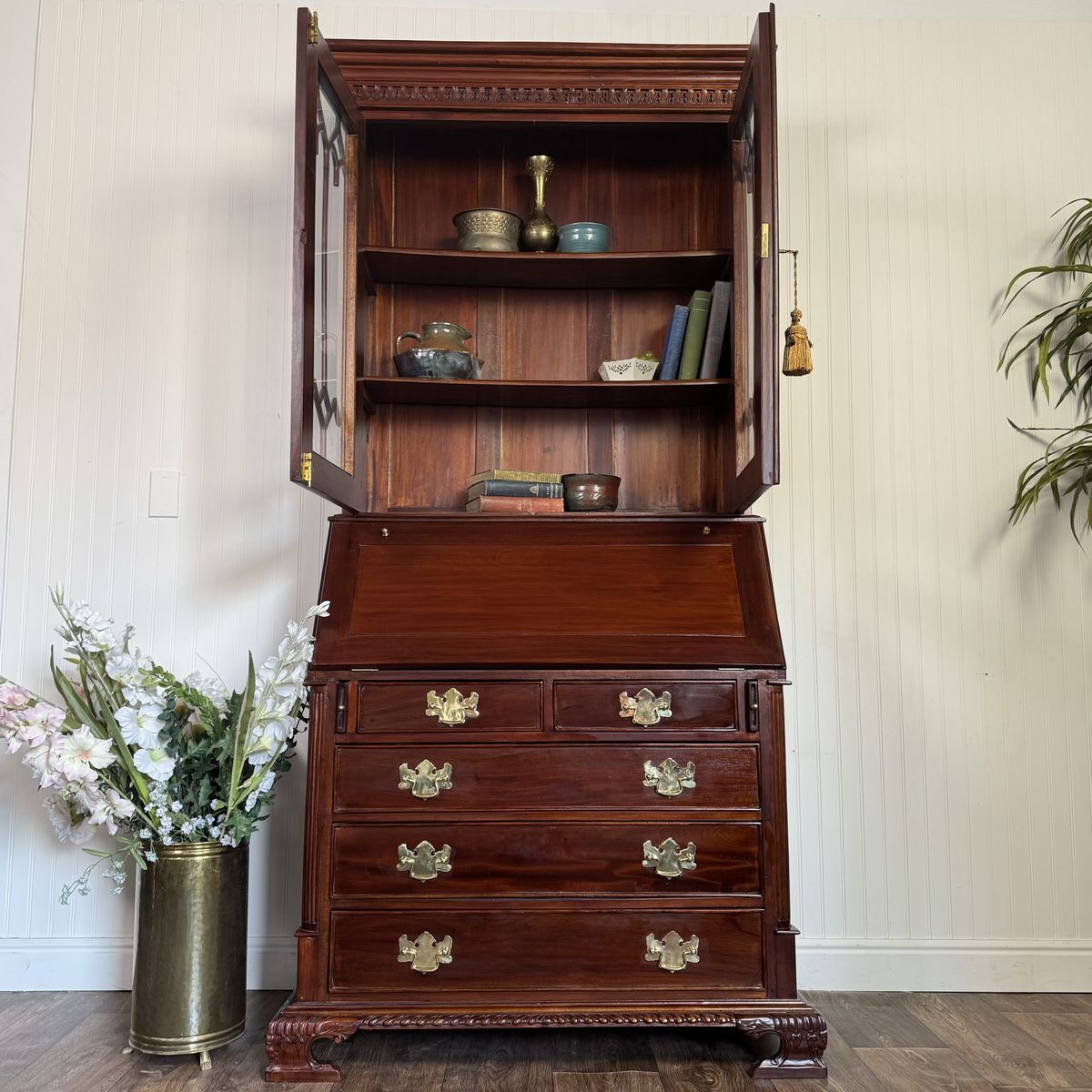 Handcrafted Mahogany Secretary Bookcase with Gothic Glass Doors