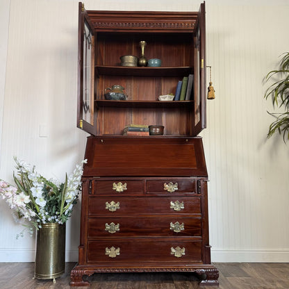 Handcrafted Mahogany Secretary Bookcase with Gothic Glass Doors