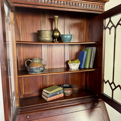 Handcrafted Mahogany Secretary Bookcase with Gothic Glass Doors