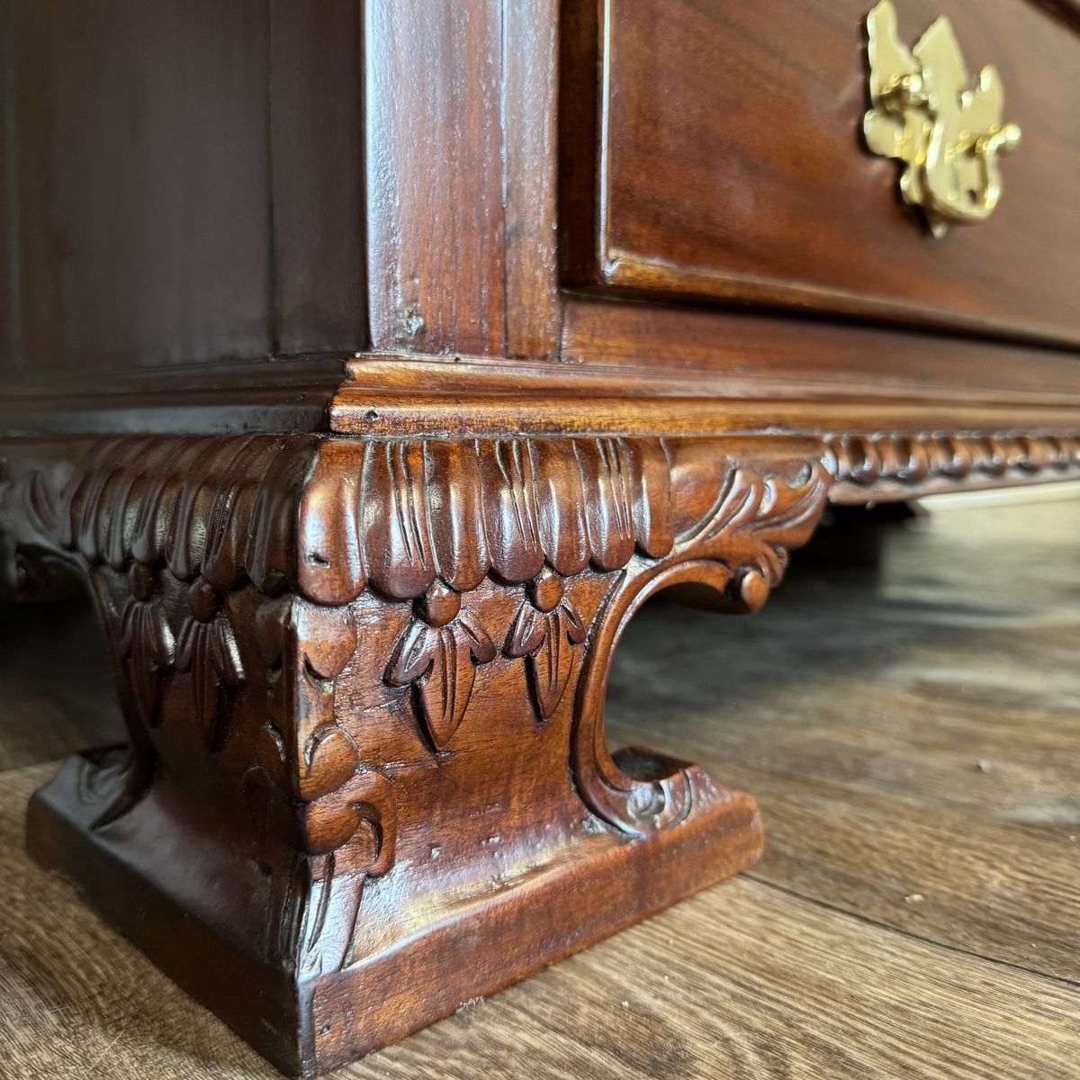 Handcrafted Mahogany Secretary Bookcase with Gothic Glass Doors