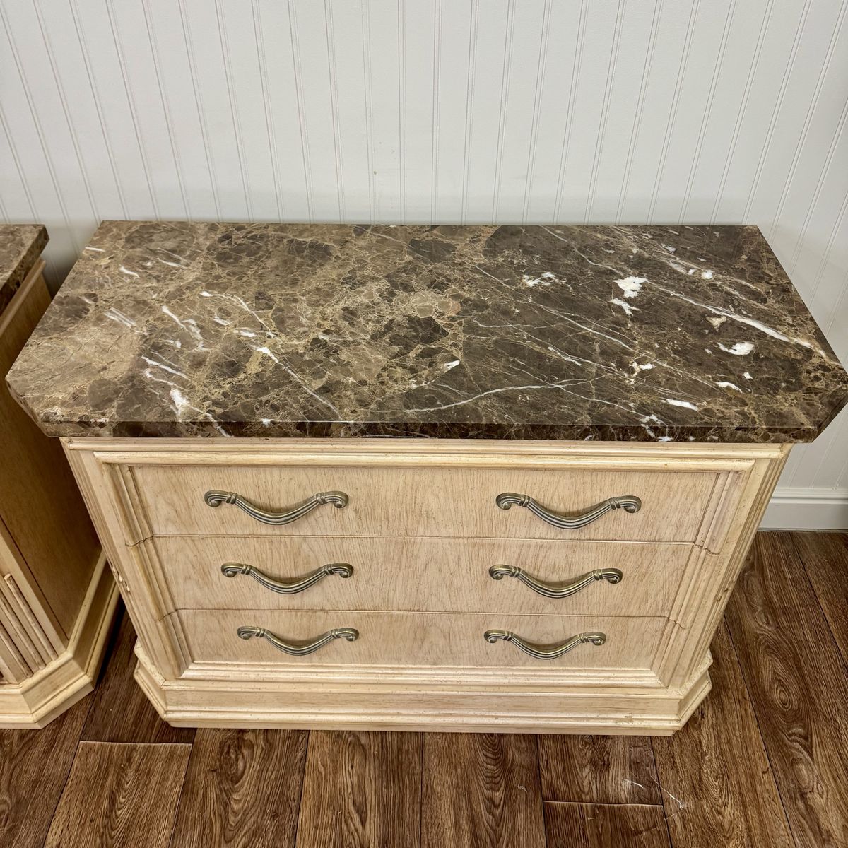 Vintage Bernhardt Neoclassical Revival Marble Top 3-Drawer Nightstands