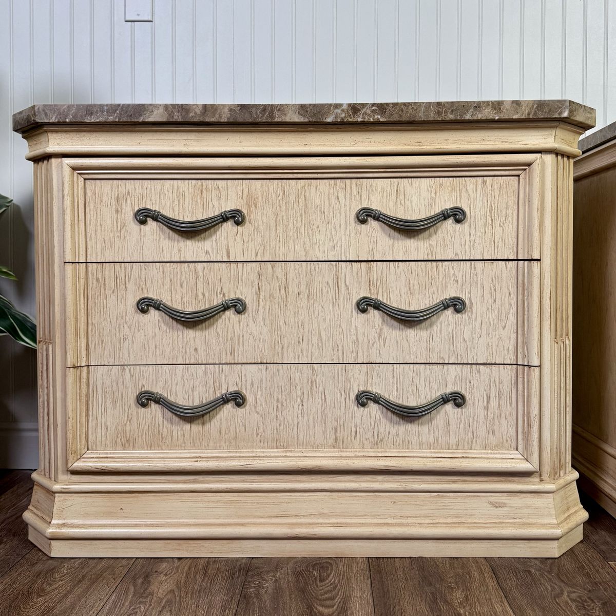 Vintage Bernhardt Neoclassical Revival Marble Top 3-Drawer Nightstands