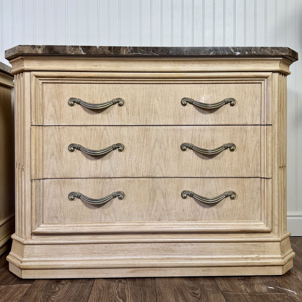 Vintage Bernhardt Neoclassical Revival Marble Top 3-Drawer Nightstands