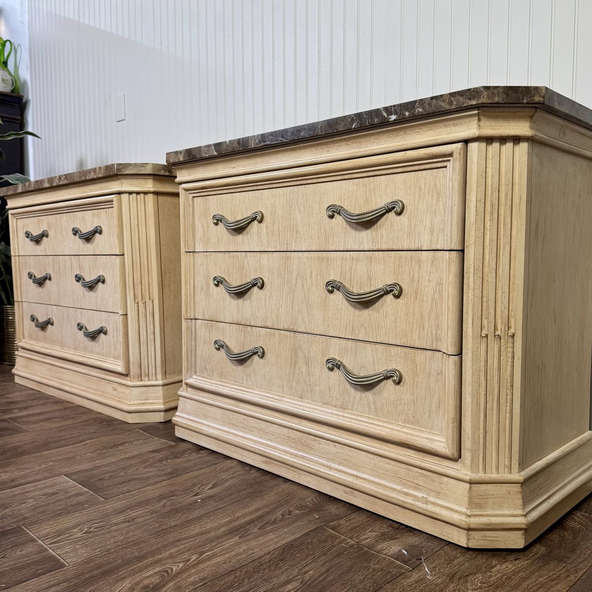Vintage Bernhardt Neoclassical Revival Marble Top 3-Drawer Nightstands
