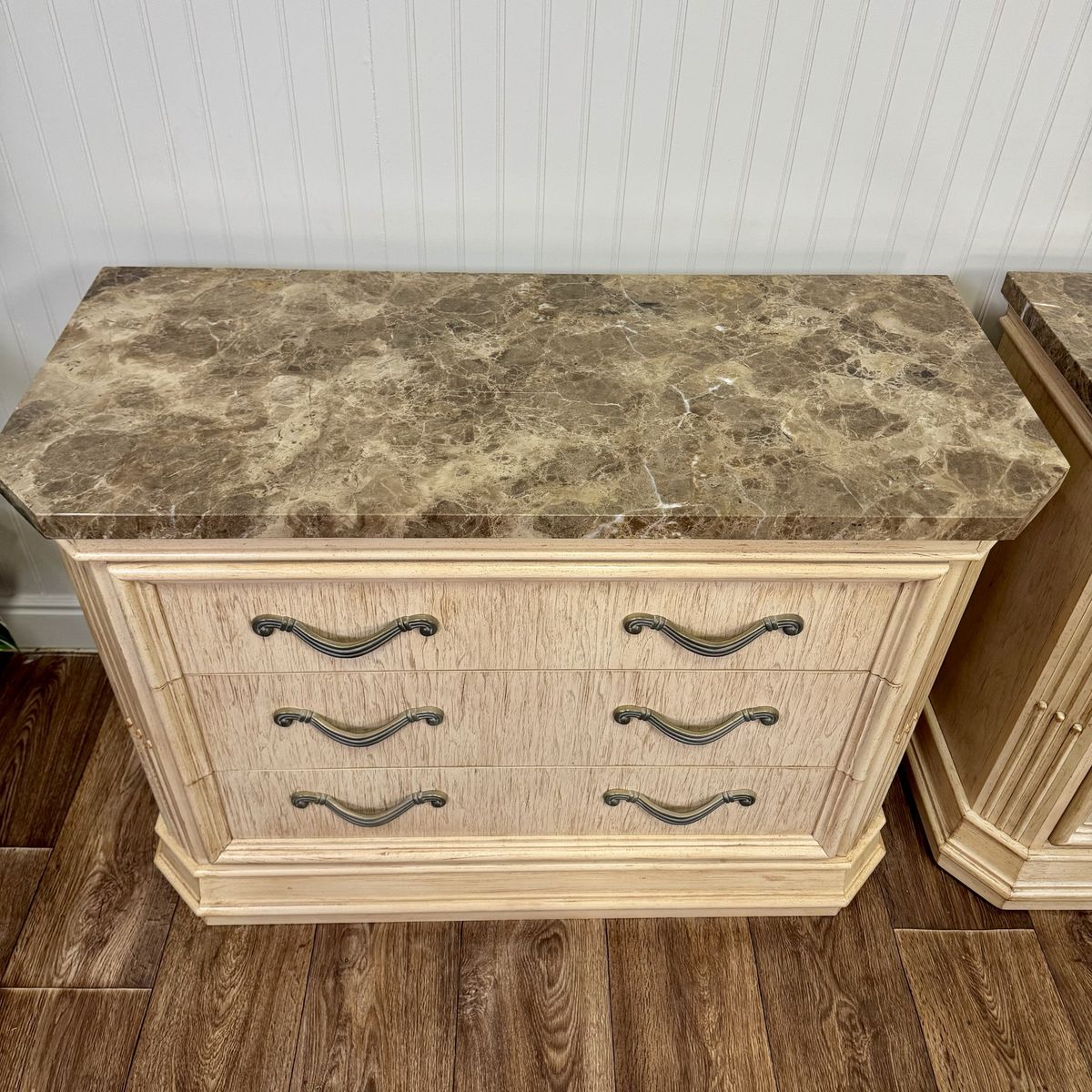 Vintage Bernhardt Neoclassical Revival Marble Top 3-Drawer Nightstands