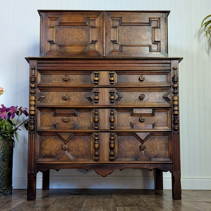 Vintage Burl Wood Spanish Revival Chest-on-Chest Dresser