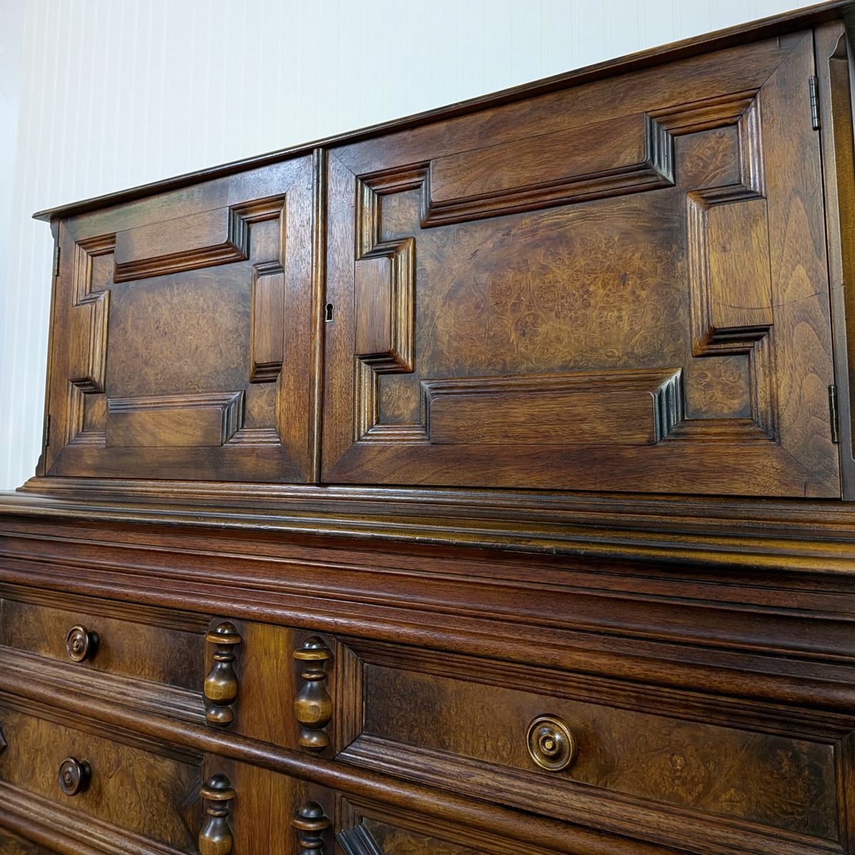 Vintage Burl Wood Spanish Revival Chest-on-Chest Dresser