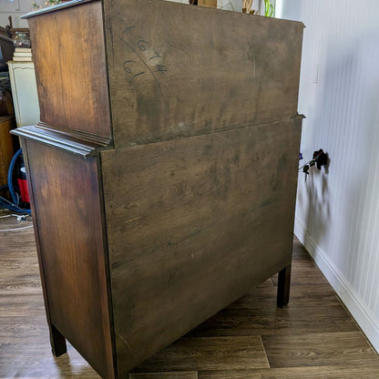 Vintage Burl Wood Spanish Revival Chest-on-Chest Dresser
