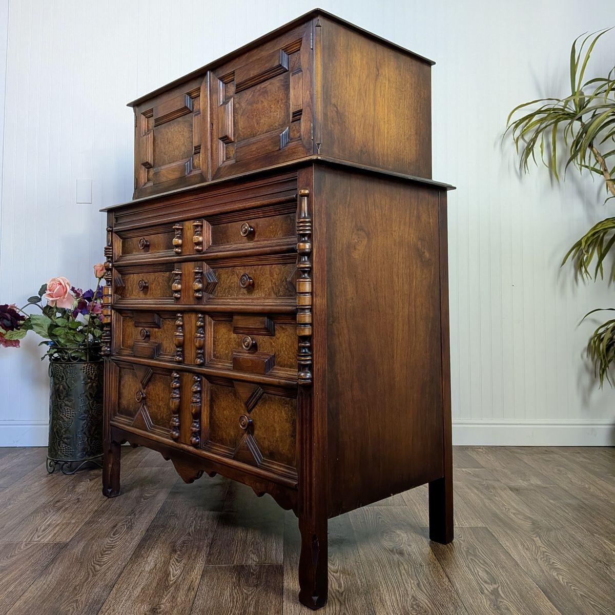 Vintage Burl Wood Spanish Revival Chest-on-Chest Dresser