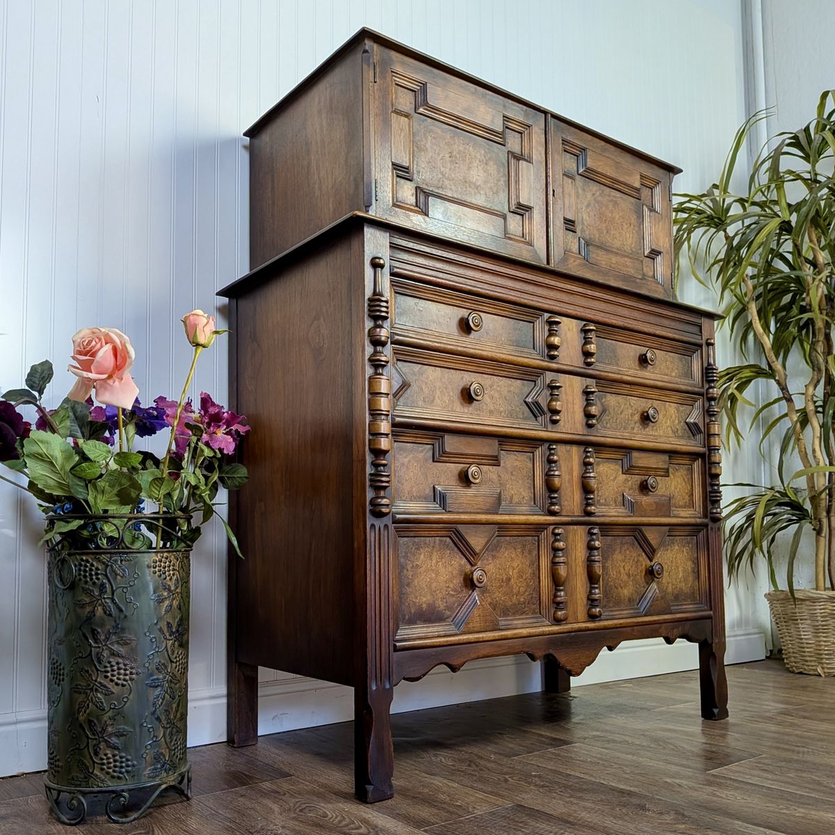 Vintage Burl Wood Spanish Revival Chest-on-Chest Dresser