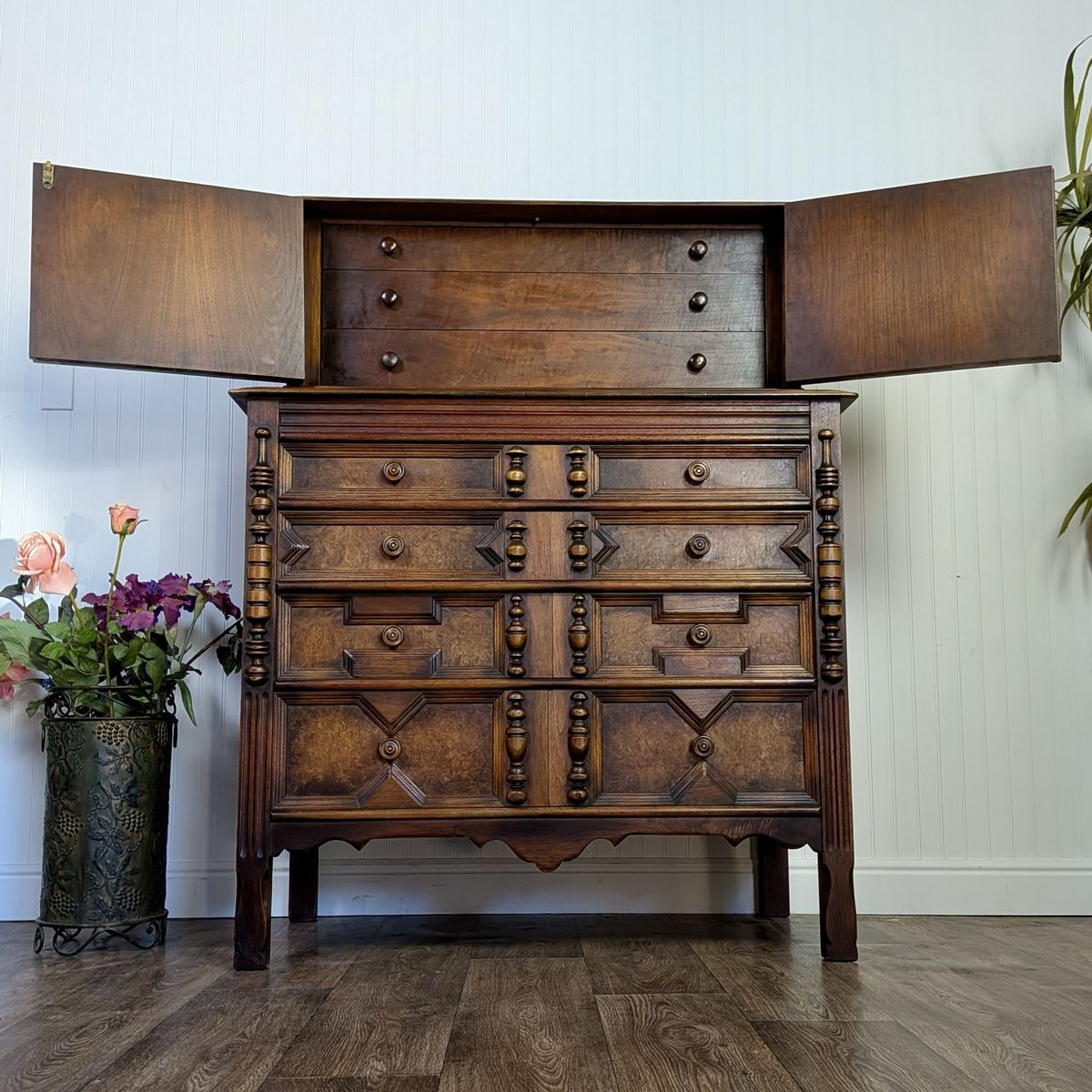 Vintage Burl Wood Spanish Revival Chest-on-Chest Dresser