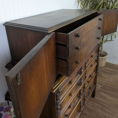 Vintage Burl Wood Spanish Revival Chest-on-Chest Dresser