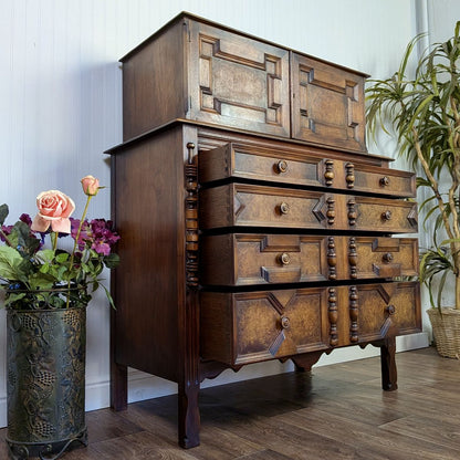 Vintage Burl Wood Spanish Revival Chest-on-Chest Dresser