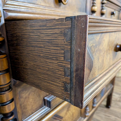 Vintage Burl Wood Spanish Revival Chest-on-Chest Dresser