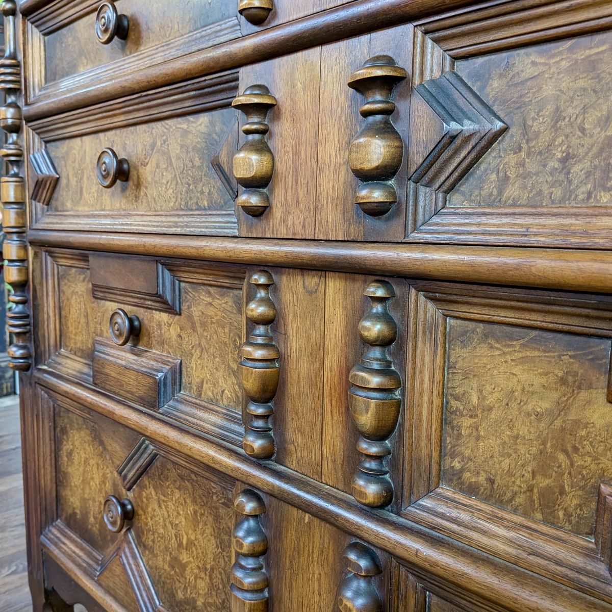 Vintage Burl Wood Spanish Revival Chest-on-Chest Dresser