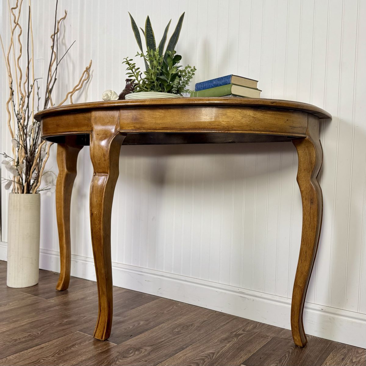 Vintage Demi-Lune Console Table w/ Glass Insets